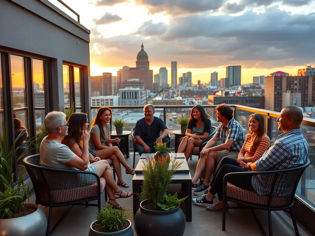 A group of residents socializing in a condo community common area, such as a clubhouse or rooftop terrace in San Antonio.