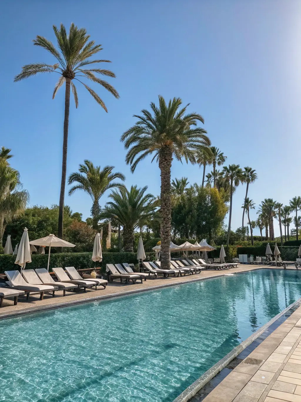 A sparkling swimming pool with lounge chairs and umbrellas, set against a backdrop of a San Antonio skyline.