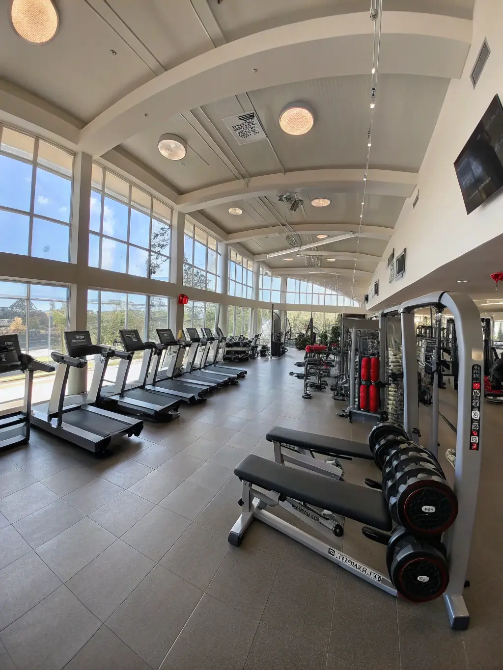 A brightly lit, modern condo gym with treadmills, weights, and yoga mats, showcasing a healthy lifestyle.