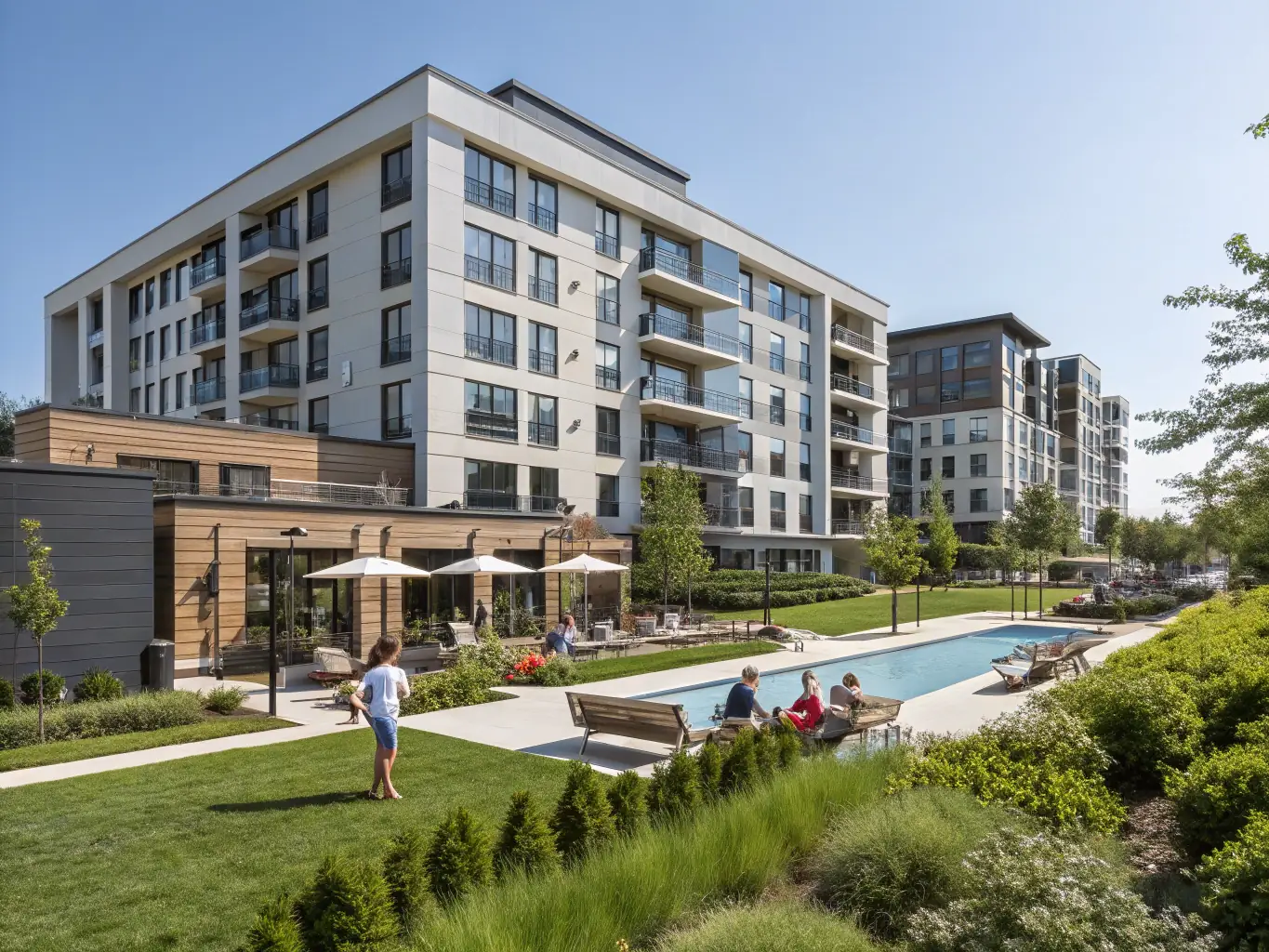 A well-maintained condo community with lush landscaping and shared amenities like a pool and fitness center in San Antonio.