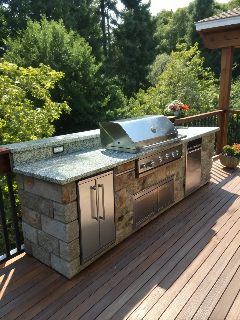 A well-maintained outdoor grilling area with stainless steel grills and picnic tables, ideal for outdoor dining and entertaining.